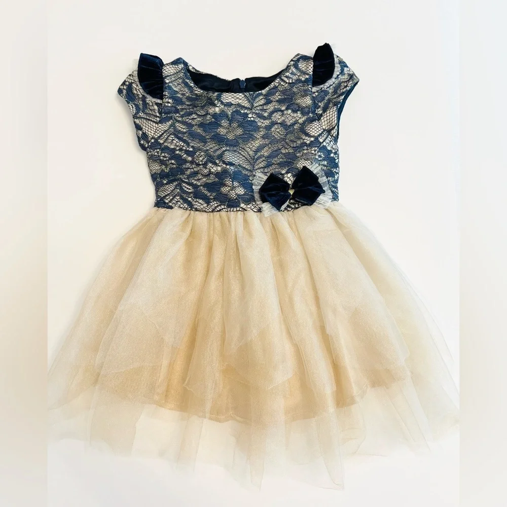 Biscotti Navy and Lace Champagne Tulle Dress with Bow, Girls 2T - Like New